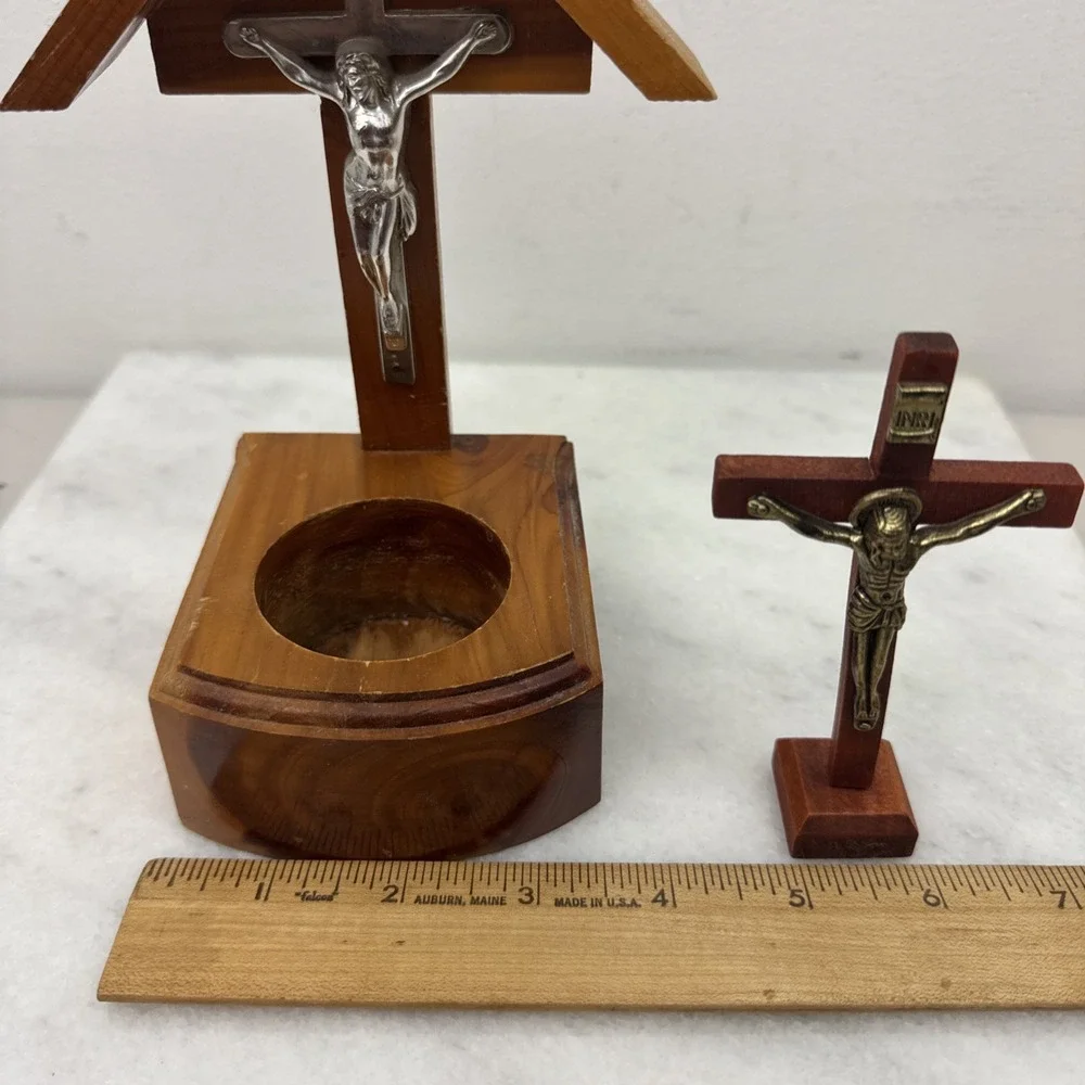 2 Vintage Wooden Crucifix Alter & Prayer Religious Candle Holder Made in USA